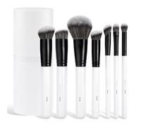 Ensemble de 7 pinceaux de maquillage complets pour fond de teint, anti-cernes, poudre, blush, fard à paupières, pinceaux estompeurs avec boîte de rangement de voyage, blanc, 7 pièces