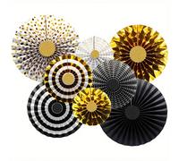 Ensemble de 8/6 pièces d'éventails en papier rond, décoration de fond de fête noir et or, ornement décoratif, décoration en papier, décoration de mariage, fête d'anniversaire, parfait pour mariage, dé