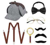 Ensemble de 8 accessoires de costume de détective, chapeau de détective bretelles en Y nœud papillon loupe lunettes moustache, accessoire de costume de détective des années 20 pour carnaval cosplay