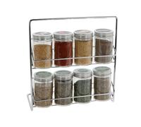 Ensemble de 8 bouteilles d'épices sur support métallique avec couvercle en aluminium et bouteilles en verre 23 x 24 cm