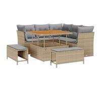 Ensemble de 8 canapés de jardin avec coussins beige en poly rotin acacia, Ensemble de 3 pièces repas jardin avec coussins beige en poly rotin acacia