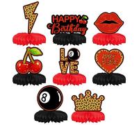 Ensemble de 8 décorations d'anniversaire à motif guépard rouge, comprenant des centres de table en carton de qualité supérieure et des boules alvéolées. Idéal pour une fête d'anniversaire sur le thè