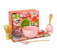 Ensemble de 8 fouets à matcha, bol à matcha en céramique avec bec verseur, fouet et support en bambou, cuillère, repose-cuillère, tamis et torchon avec kit de motifs sculptés en fleurs cerisier