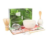 Ensemble de 8 pièces à matcha blanc - Bol à matcha en céramique, fouet à matcha avec breloque Sakura - Kit complet à matcha japonais avec fouet, cuillère, tamis et chiffon