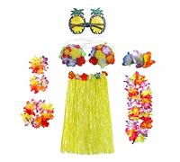 Ensemble de 8 pièces avec jupe de hula,Robe de danseuse hawaïenne avec haut de bikini à fleurs,Lei hawaïen,Pince à cheveux hibiscus,Ananas pour adultes, fête tropicale,Jaune