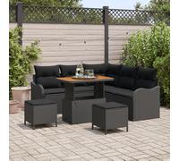 Ensemble de 8 pièces de canapé de jardin avec coussins en rotin poly noir acacia, Canapé de jardin 2 places avec coussins en rotin poly noir, Ensemble de repas de jardin 3 pièces avec coussins en roti