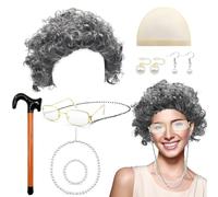 Ensemble de 8 pièces de costume de vieille femme, ensemble de perruque de grand-mère comprenant lunettes, collier, bâton de marche, boucles d'oreilles, bracelet, déguisement de grand-mère pour Noël