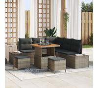 Ensemble de 8 pièces de sofa de jardin avec coussins gris rotin poly acacia, Sofa de jardin 2 places avec coussins gris rotin poly, Ensemble de repas de jardin 3 pièces avec coussins gris rotin poly a