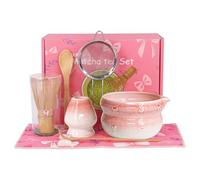 Ensemble de 8 pièces rose matcha avec bol, balai, cuillère, passoire et accessoires - Service à thé traditionnel pour cérémonie du thé japonaise et idée cadeau