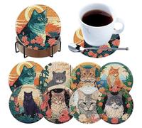 Ensemble de 8 sous-verres en bois avec kit de peinture diamant DIY pour animaux, décoration intérieure pour adultes et débutants