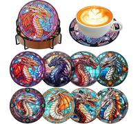 Ensemble de 8 Sous-Verres en Peinture Diamant JU7CER avec Support - DIY Arbre de Vie Dragon | Kit Complet Débutant Adulte Perles Rondes 10×10cm