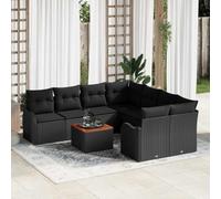 Ensemble de 9 canapés de jardin modulaires en polyrotin noir avec bois d'acacia massif, comprend quatre sièges centraux, deux canapés avec accoudoirs, une table de jardin et deux