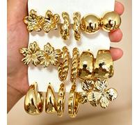 Ensemble de 9 paires de boucles d'oreilles dorées, anneaux C martelés et torsadés à motif floral, convient pour le trajet, les rendez-vous, les vacances, assorti à tout, une carte pour tous les styles