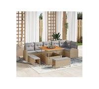 Ensemble de 9 Pièces de Canapé de Jardin avec Coussins Beige Rattan Poly Acacia, Canapé de Jardin 2 Places avec Coussins 3362407