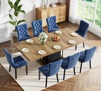 Ensemble de 9 tables de salle à manger extensibles pour table de cuisine en bois extensible de 20,3 à 160 à 200,7 cm avec base robuste et velours bleu - Meubles de salle à manger de style rustique