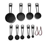 Ensemble de 9 tasses à mesurer en acier inoxydable noir avec boucle en cuir, design empilable pour la cuisine, la pâtisserie et la cuisson, incluant une cuillère à café avec échell