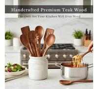 Ensemble de 9 ustensiles de cuisine en bois massif naturel - Cuillères en bois poli avec prise en main lisse, outils de cuisine multifonctionnels pour sauter, puiser la soupe, servir - Cadeau durable 