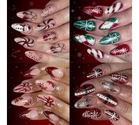 Ensemble De 96 Faux Ongles De Vacances Paillettes Flocons De Neige Motifs De Noël Application Instantanée Construction ABS Pour Styles Festifs Amande Brillante Presse Sur L'ongle