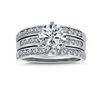 Ensemble de bague de mariage pour femmes en argent sterling .925 avec solitaire rond de 3,5CT AAA CZ et garde d'anneau pavé à 3 rangs pour anniversaire et fiançailles.