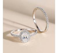 Ensemble de bagues de fiançailles ovales en oxyde de zirconium pour femme - Plaqué argent sterling - Oxyde de zirconium synthétique - Bague d'anniversaire de mariage - Bague d'éternité - Cadeau pour