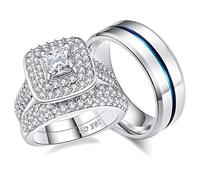 Ensemble de bagues de mariage plaquées or 18 carats de princesse 1,8 carats pour elle et lui, femmes et hommes, bandes en acier inoxydable titane, zircones cubiques, Pierre, Zircone cubique