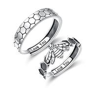Ensemble de bagues en forme de nid d'abeille - En argent sterling 925 - Motif animaux mignons - Gravé « I Love You » - Réglable - Pour elle et lui