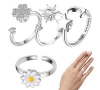 Ensemble de bagues Fidget - 4 pièces à la mode, motif lune, soleil et fleur | Soulagez le stress avec des anneaux rotatifs avec marguerites et trèfle à quatre feuilles, bijoux polyvalents pour mascara