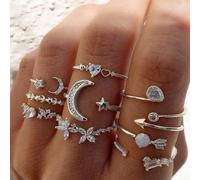 Ensemble de bagues fines minimalistes pour femme avec cœur, étoile, lune, strass, concert de campagne, bijoux tendance pour l'automne, mode bohème, Moyen, Laiton, Pas de pierre précieuse