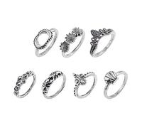 Ensemble de bagues Midi de 7 pièces rétro sculptées empilables Fleur Lune éléphant avec joint