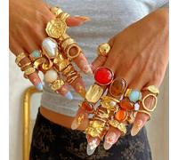Ensemble de bagues ouvertes réglables en métal, style vintage élégant rétro dopamine, assortiment aléatoire de 31/9/7 pièces, multi-pierres colorées brillantes bling-bling, motifs cœur, fleur et hexag