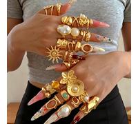 Ensemble de bagues ouvertes réglables en métal, style vintage élégant rétro dopamine, multicolores, envoi aléatoire/31/9/7 pièces, multi-rangées, strass brillants, pierres précieuses colorées, cœur, f