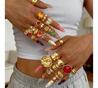 Ensemble de bagues ouvertes réglables en métal, style vintage rétro élégant dopamine, assortiment aléatoire de 31/9/7 pièces, multi-pierres colorées brillantes, cœur, fleur et hexagramme, empilables, 
