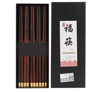 Ensemble de baguettes en bois de style chinois, 5 paires de vaisselle en acajou naturel fabriquée à la main avec dessus incrusté de cuivre, personnage porte-bonheur gravé pour la (Cinq paires de