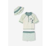 VERTBAUDET Ensemble de Bain T-Shirt Anti-UV + Short + bob bébé Vert Menthe/Blanc 12M(74CM)