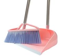 Ensemble de balai et pelle à poussière coupe-vent vertical à long manche - Kit de balai à poussière - Combinaison de nettoyage de la maison (rose)