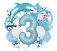 Ensemble de ballons bleus en forme de dauphin pour 3e anniversaire garçon bleu pour 3ème anniversaire fille anniversaire fille ballon dauphin 3 ans XXL bleu bébé animaux de l'océan décoration 3 ans