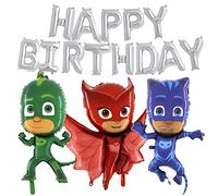 Ensemble de ballons de fête PJ Masks - avec bannière de ballon joyeux anniversaire de 16 po en argent, ballons Catboy, Owlette et Gekko de 36 po