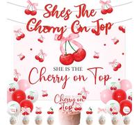 Ensemble de ballons en forme de cerises « She's The Cherry On Top » - Bannière à paillettes - Décorations de gâteaux aux cerises pour fille - Pour anniversaire, fête prénatale, fiançailles