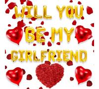 Ensemble de ballons, lettres « Will You Be My Girlfriend » Ballons en forme de cœur Pétales de rose Décorations de demande en mariage pour la Saint-Valentin Confession (or)