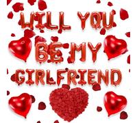 Ensemble de ballons, lettres « Will You Be My Girlfriend » Ballons en forme de cœur Pétales de rose Décorations de demande en mariage pour la Saint-Valentin Confession (rouge)