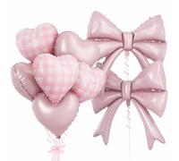 Ensemble de ballons rose pastel et cœur à carreaux en aluminium pour décoration d'anniversaire de mariage avec nœud rose clair pour anniversaire, enterrement de vie de jeune fille, fête prénatale