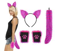 Ensemble de bandeau, queue de loup et gants en fausse fourrure avec oreilles de chat et queue de renard - Accessoires de déguisement colorés pour Halloween, jeu de rôle