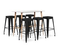 Ensemble de Bar 7 pcs Blanc et Noir Table de Bar en MDF et métal 120x60x105 cm avec 6 tabourets empilables Robustes pour Maison, Jardin, Cuisine, Bistro, Espace limité