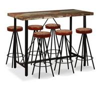 Ensemble de bar 7 pcs Bois de récupération Cuir véritable et toile
