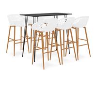 Ensemble de Bar 7 pcs Noir et Blanc avec Table MDF 120x60x105 cm et 6 tabourets PP Robustes à Dossier Bas, Pieds métal Aspect Bois, idéal Maison, Jardin, Bar, Restaurant