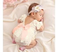 Ensemble de barboteuse en dentelle pour nouveau-né fille pour séance photo, barboteuse avec nœud en ruban rose, accessoires photo pour nouveau-né, tenue de photographie pour bébé 0-1M,1-3MUnicolorePol