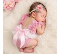 Ensemble de barboteuse en dentelle pour nouveau-né fille pour séance photo, barboteuse avec nœud en ruban rose, accessoires photo pour nouveau-né, tenue de photographie pour bébé 0-1M,1-3MUnicolorePol