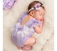 Ensemble de barboteuse en dentelle pour nouveau-né fille pour séance photo, barboteuse avec nœud en ruban rose, accessoires photo pour nouveau-né, tenue de photographie pour bébé 0-1M,1-3MUnicolorePol