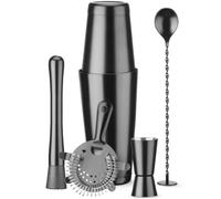HENDI Set de bar dans un tube, BarUp, outils pour barman: shaker Boston, passoire Hawthorne, jigger double, pilon et cuillère à cocktail en spirale avec disque pilon, ø120x(H)320mm, inox noir