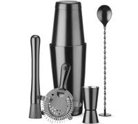HENDI Set de bar dans un tube, BarUp, outils pour barman: shaker Boston, passoire Hawthorne, jigger double, pilon et cuillère à cocktail en spirale avec disque pilon, ø120x(H)320mm, inox noir